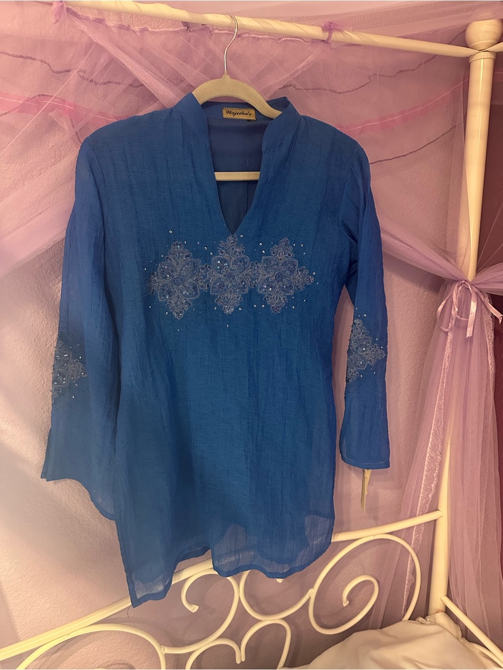 Blue Embellished V-Neck Women's Top